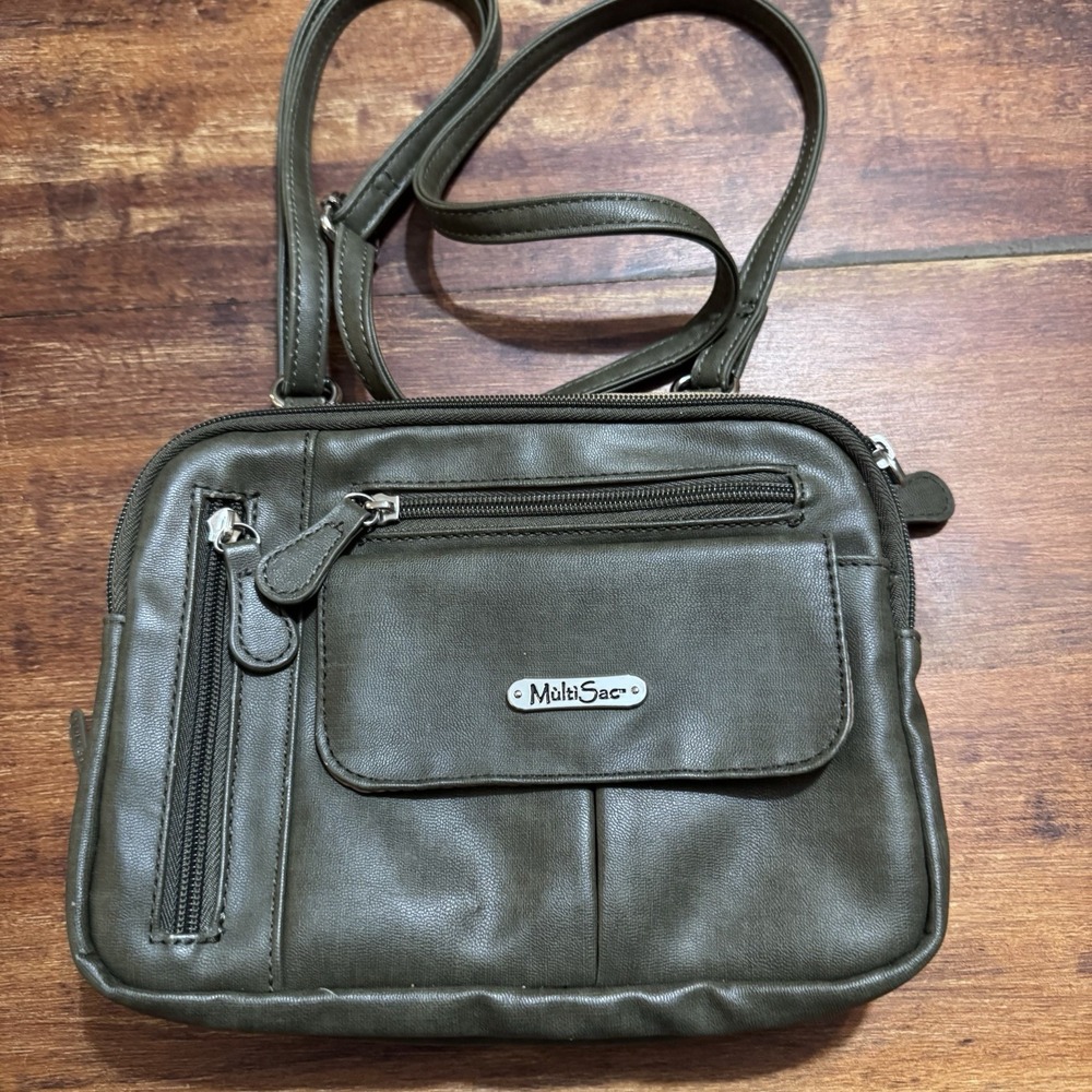 MultiSac Zippy Triple Compartment Green Faux Leather Crossbody Purse Handbag